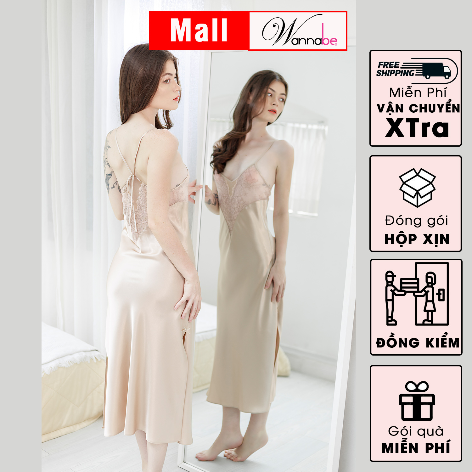 Đầm ngủ phi lụa cao cấp Wannabe DNS25 váy ngủ dài  phối ren thân trên cột nợ quyến rũ quý phái