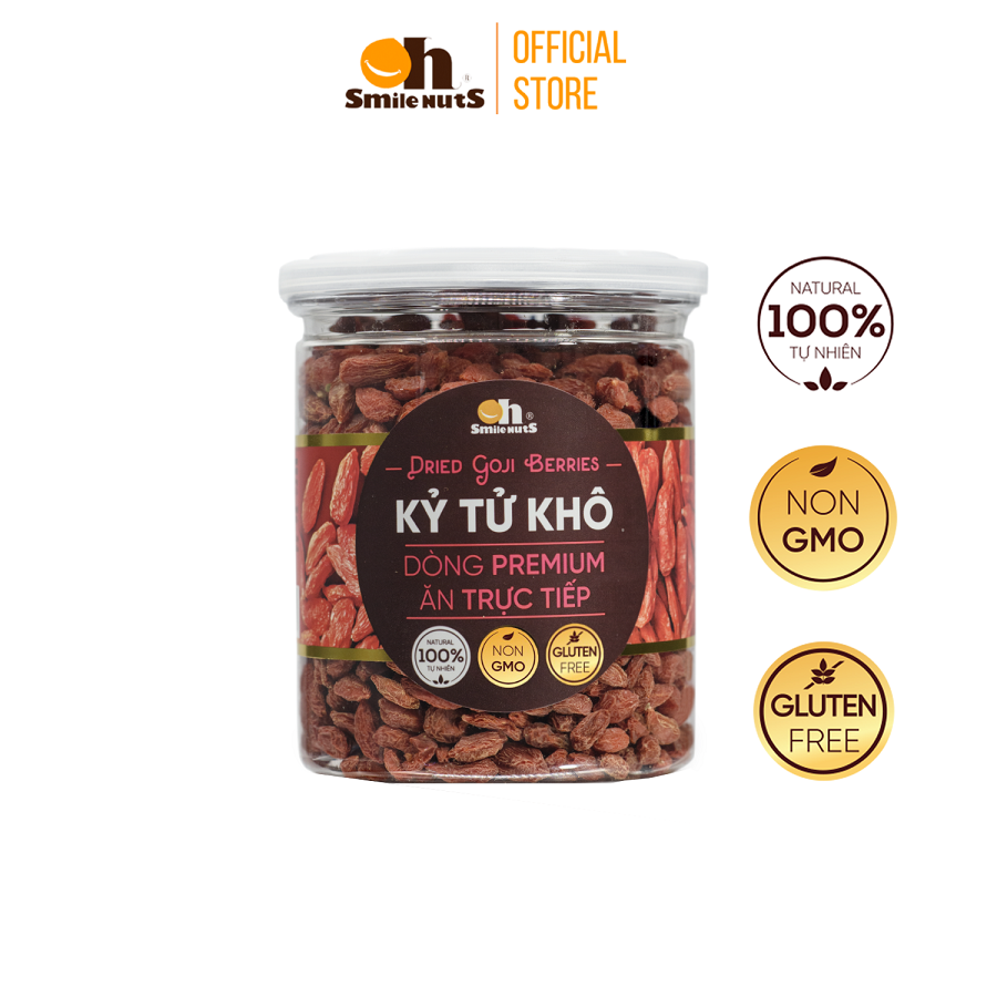 Kỷ Tử Khô (Câu Kỷ Tử) Smilenuts túi 145g/225g _ Kỷ tử khô CAO CẤP quà tết 2023 _ Quý Mão thượng hạng , ngon ngọt quả lớn, đặc biệt có thể ăn trực tiếp, chứa nhiều chất chống oxy hóa, đẹp da, giàu Sắt và Vitamin C