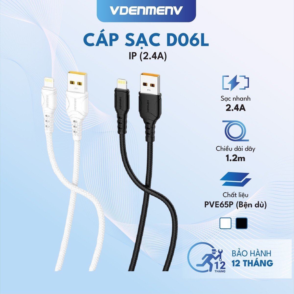 Dây Cáp Sạc LN VDENMENV D06L (2.4A) Giúp Sạc Nhanh, Chuyển Dữ Liệu, Chất Liệu Bện Dù - Hàng Chính Hãng