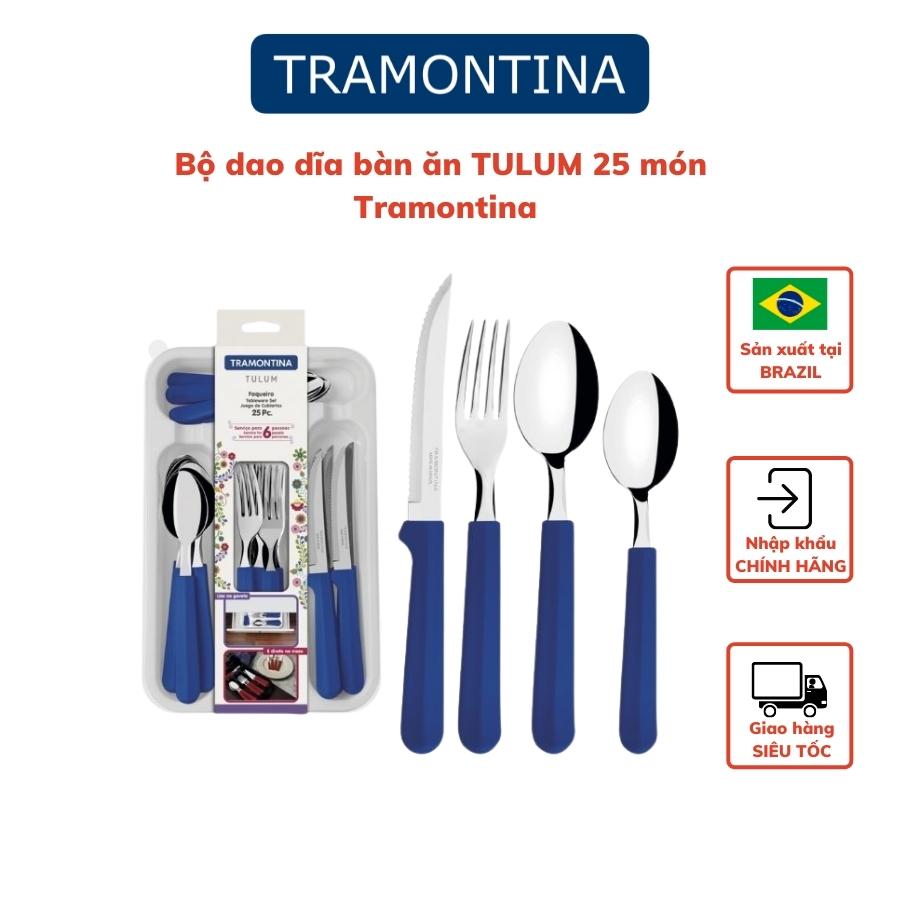 Bộ dao dĩa ăn bít tết Tramontina TULUM TRA23299.183 25 món kèm khay cán nhựa PP cao cấp 3 màu nhập khẩu chính hãng Brazi