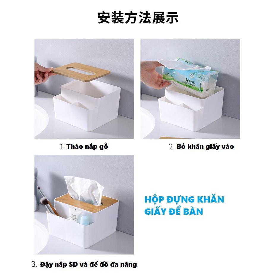 Hộp để giấy ăn để bàn nắp gỗ sang trọng, Hộp khăn giấy đa năng thiết kế thêm 2 ngăn để đồ tiện lợi