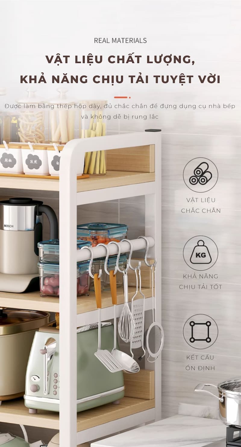Kệ Đa Năng 5 Tầng Khung Sắt Mặt Gỗ Chắc Chắn Dễ Dàng Lắp Ráp Dùng Cho Nhà Bếp, Sắp Xếp Nhà Cửa, Decor