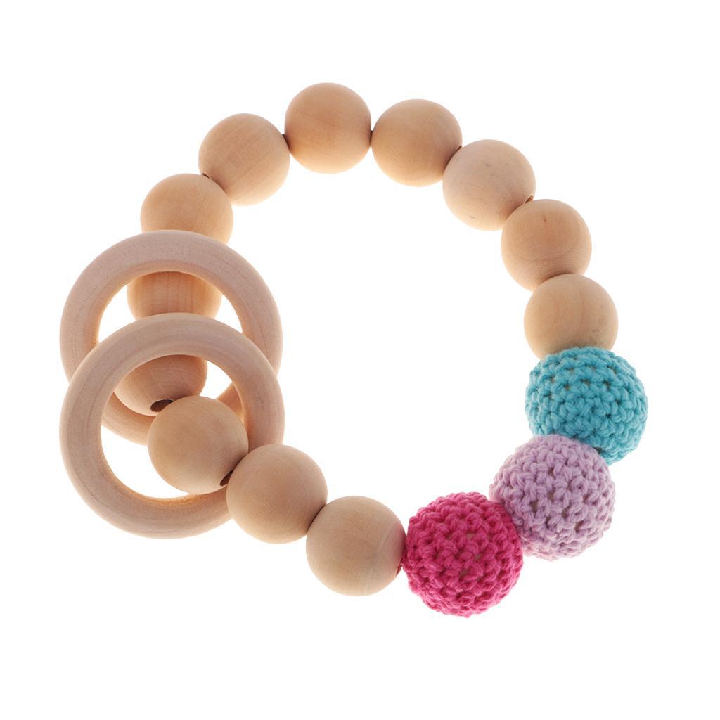 Bright Color Wood Crochet Beads Ring Bangle Teether Toddler Grasping Nursing Toy Safe Organic Infant Baby Bangle