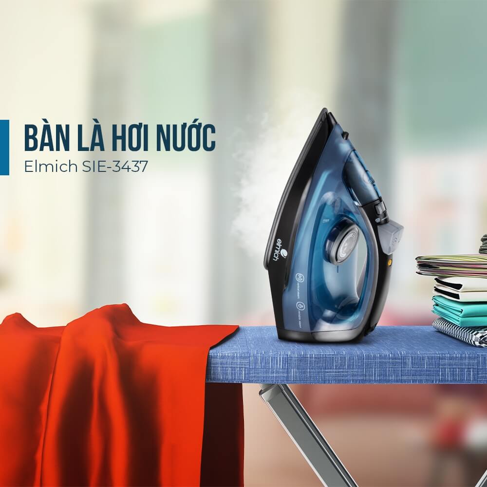 Bàn là ủi hơi nước Elmich SIE-3437OL, Hàng chính hãng, công suất 1300W, mặt đế phủ Ceramic - JoyMall