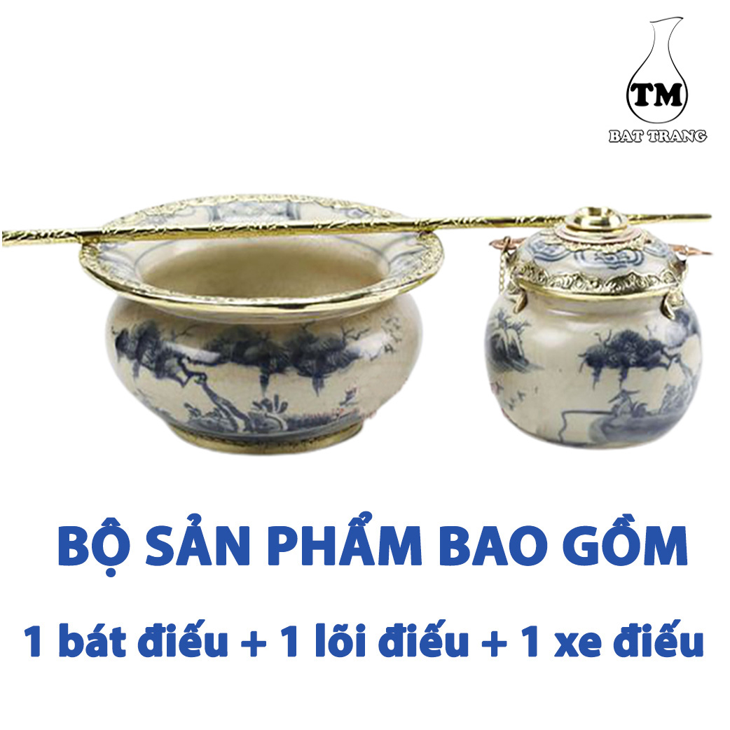 Điêu Bát Men Rạn Bọc Đồng Vẽ Phong Cảnh Gốm Sứ Bat Trang (dieu hut thuoc lao)