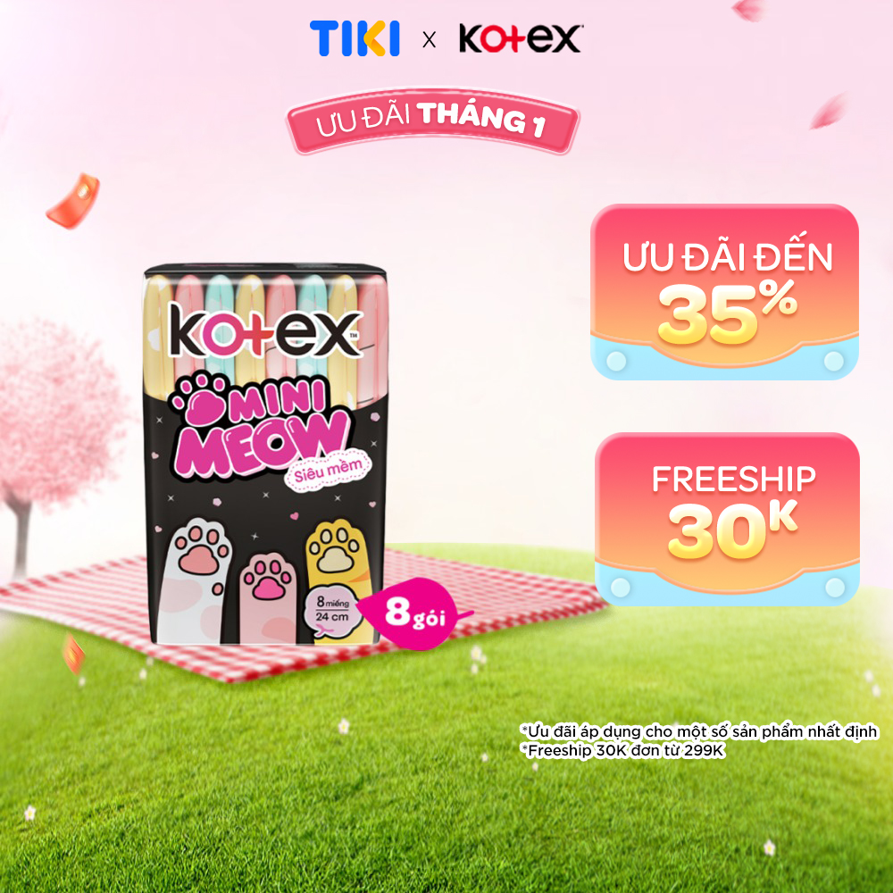 Combo 8 gói Băng vệ sinh Kotex MiniMeow Siêu mềm siêu mỏng cánh 8 miếng