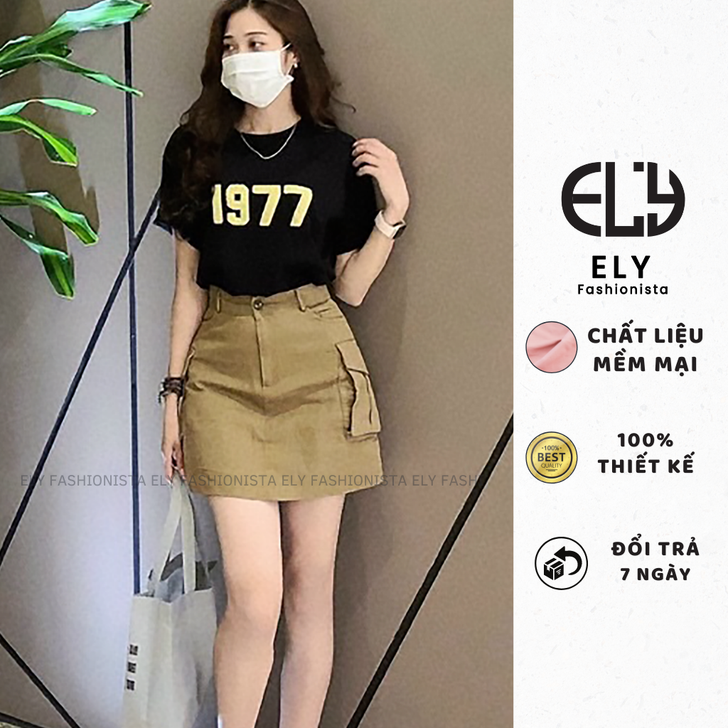 Chân váy kaki nữ cạp cao chữ A túi hộp hàng may kỹ, 2 lớp hàng cao cấp-ELY203