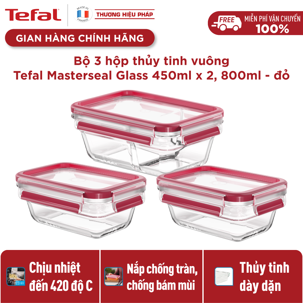 Bộ 3 hộp bảo quản thực phẩm thủy tinhTefal Masterseal Glass (450ml x 2, 800ml) - Hàng chính hãng