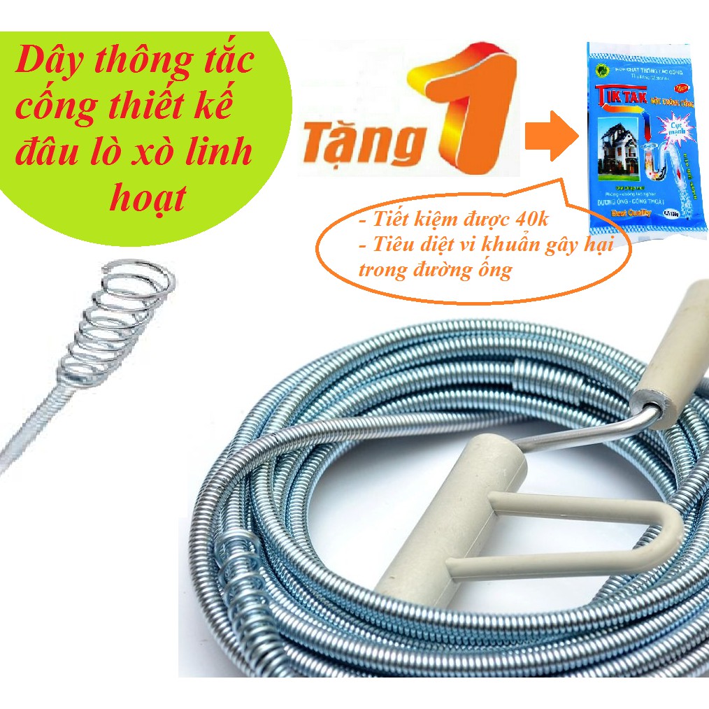 Mua dây thông tắc ống, cống 7m tặng bột thông cống