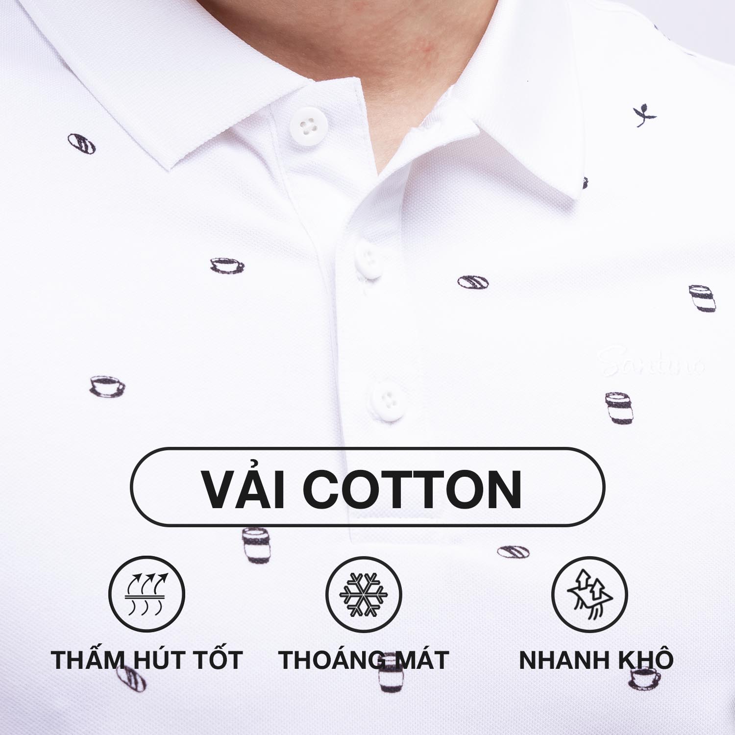 Áo Polo nam SANTINO, họa tiết café, Cotton Cá Sấu, kháng khuẩn chống nhăn - E012