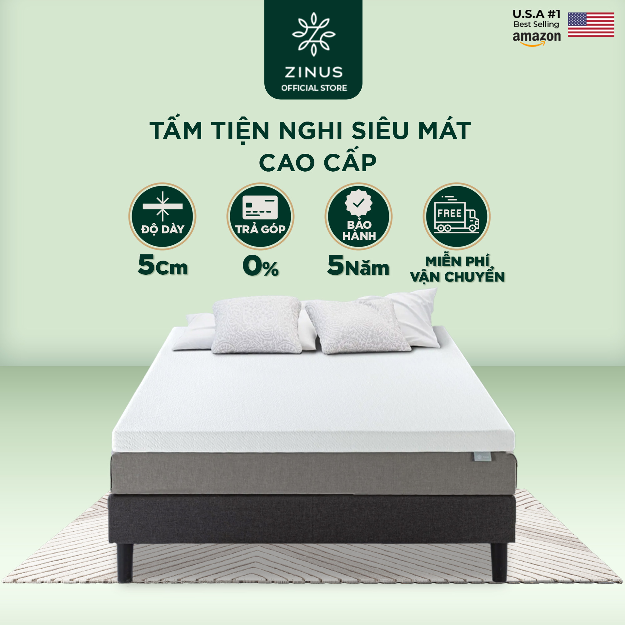 Topper Zinus Memory Foam Siêu Mát Bọc Vải Giảm Nhiệt - 2 Inch Ultra Cool Gel Memory Foam Mattress Topper with Cooling Cover