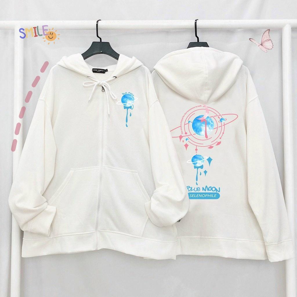 Áo Khoác Hoodie Có Nón Phối Zip Kéo Thiết Kế Tay Phồng Dáng Rộng BLUE MOON Phong Cách Thời Trang Mới