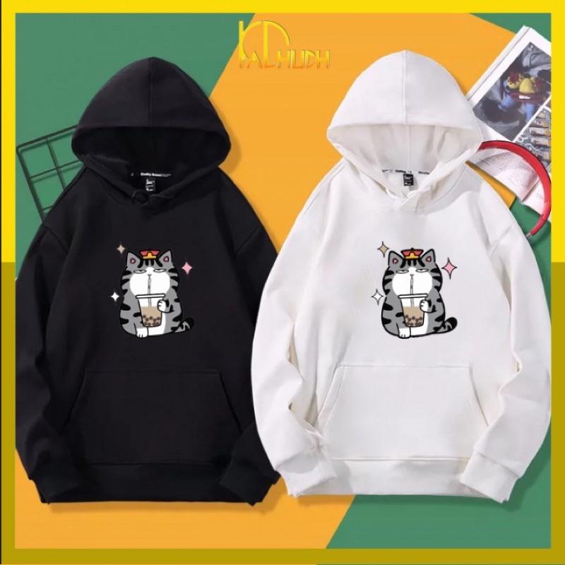 Áo hoodie cặp in mèo hoàng thượng uống trà sữa