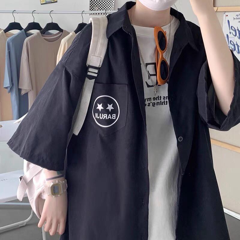 Áo sơ mi tay lỡ In Mặt Cười unisex kaki form rộng Quốc Dân nam nữ fullsize ulzzang