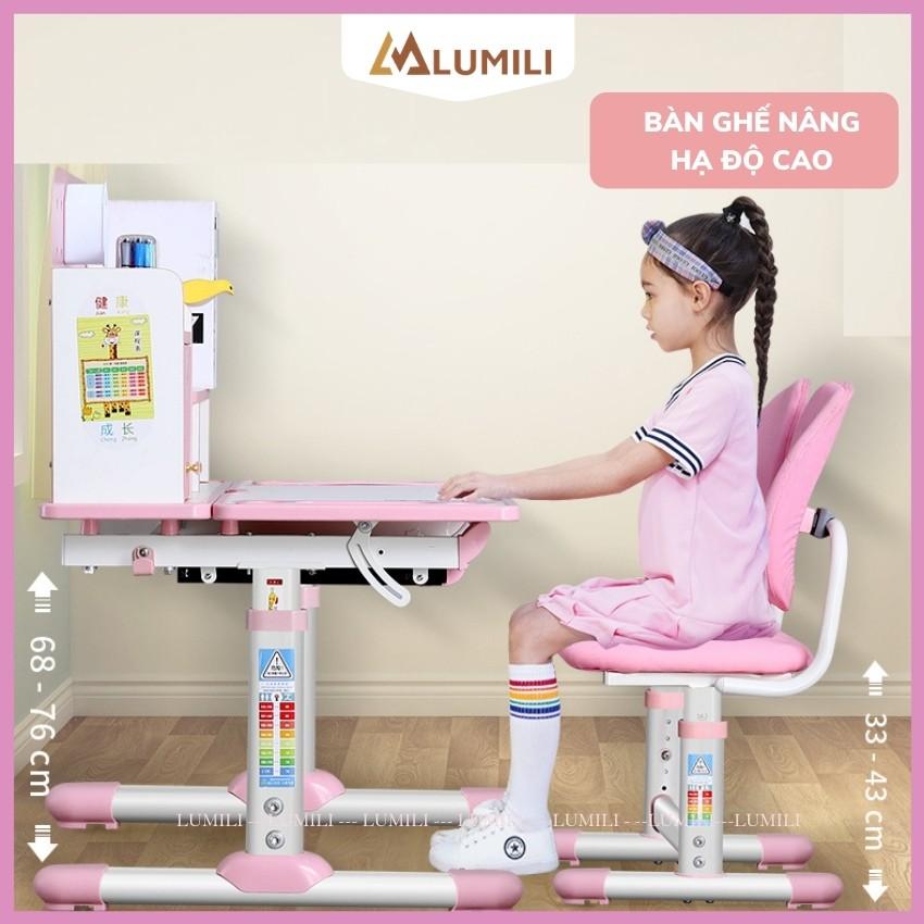 Bàn ghế học sinh Lumili R16 có giá sách, bộ bàn học chống gù thông minh kèm kệ sách cho trẻ em điều chỉnh nâng hạ độ cao