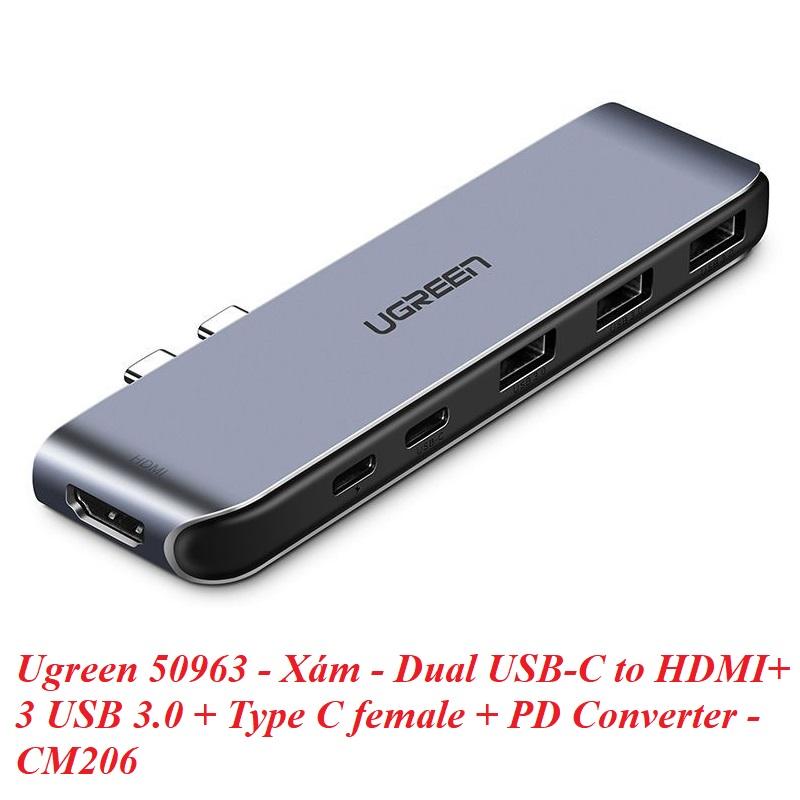 Ugreen UG50963CM206TK Bộ chuyển đổi 2 TYPE C sang 3 USB 3.0 + HDMI + hỗ trợ 2 nguồn TYPE C - HÀNG CHÍNH HÃNG