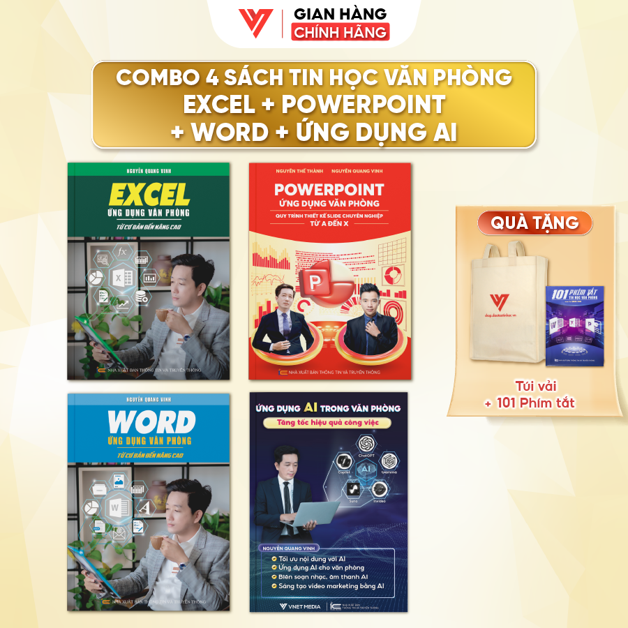 Combo 4 Sách Excel - Word - PowerPoint - AI Ứng Dụng Văn Phòng Từ Cơ Bản Đến Nâng Cao