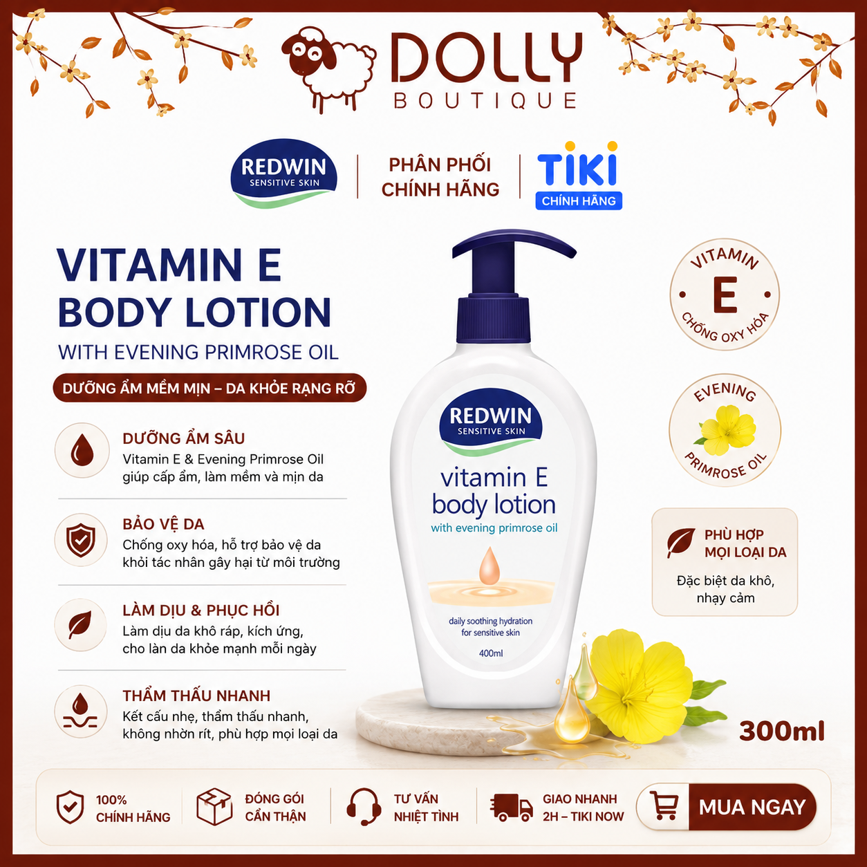 Sữa dưỡng thể toàn thân Redwin Vitamin E Body Lotion 400ml