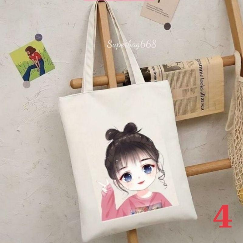 Túi tote tone vải canvas Hàn Quốc hoạ tiết cô gái đựng vừa A4 laptop đi chơi đi học Superbag668 HQ215