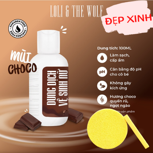 Dung dịch vệ sinh phụ nữ Loli The Wolf hương thơm Chocolate 100ml Tặng Kèm Mút Rửa Mặt