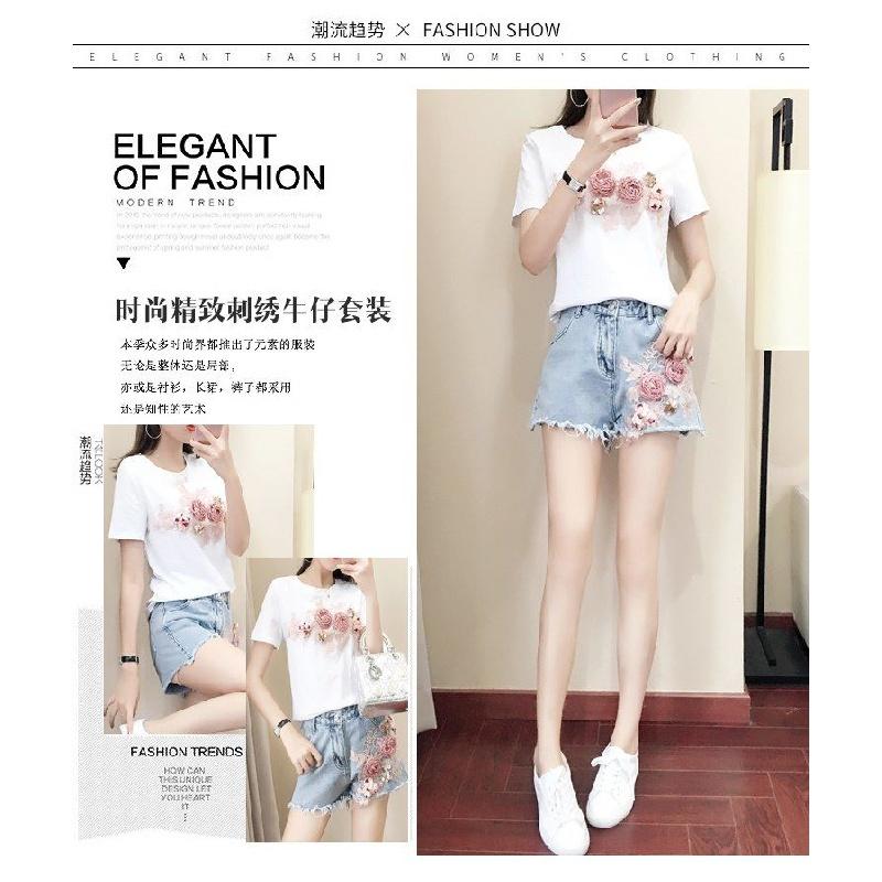 Set Áo Thun Nữ Ngắn Tay Và Quần Short Denim In Hình One Piece