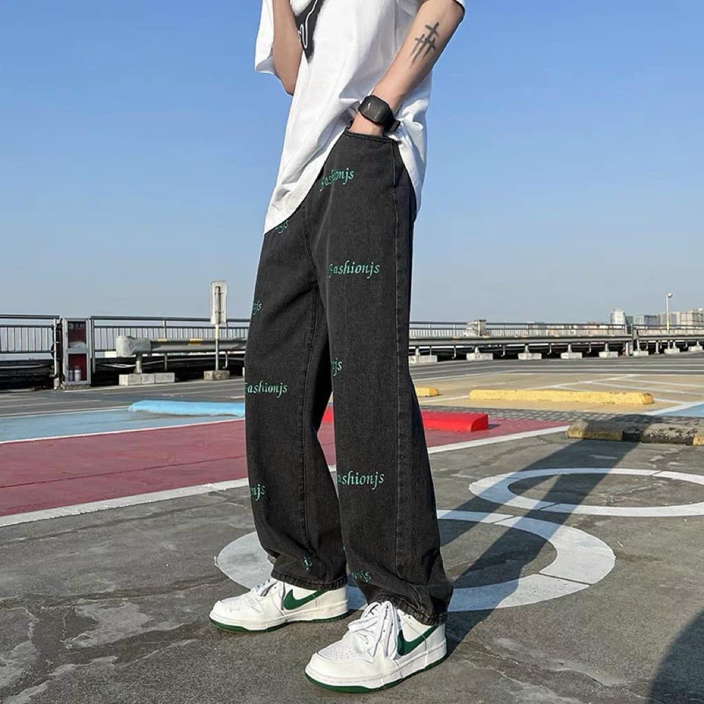 Quần Jean Nam Baggy Ống Suông Dáng Rộng In Họa Tiết Fashionjs Vải Jeans Bò Cao Cấp Hàn Quốc - Gin Store