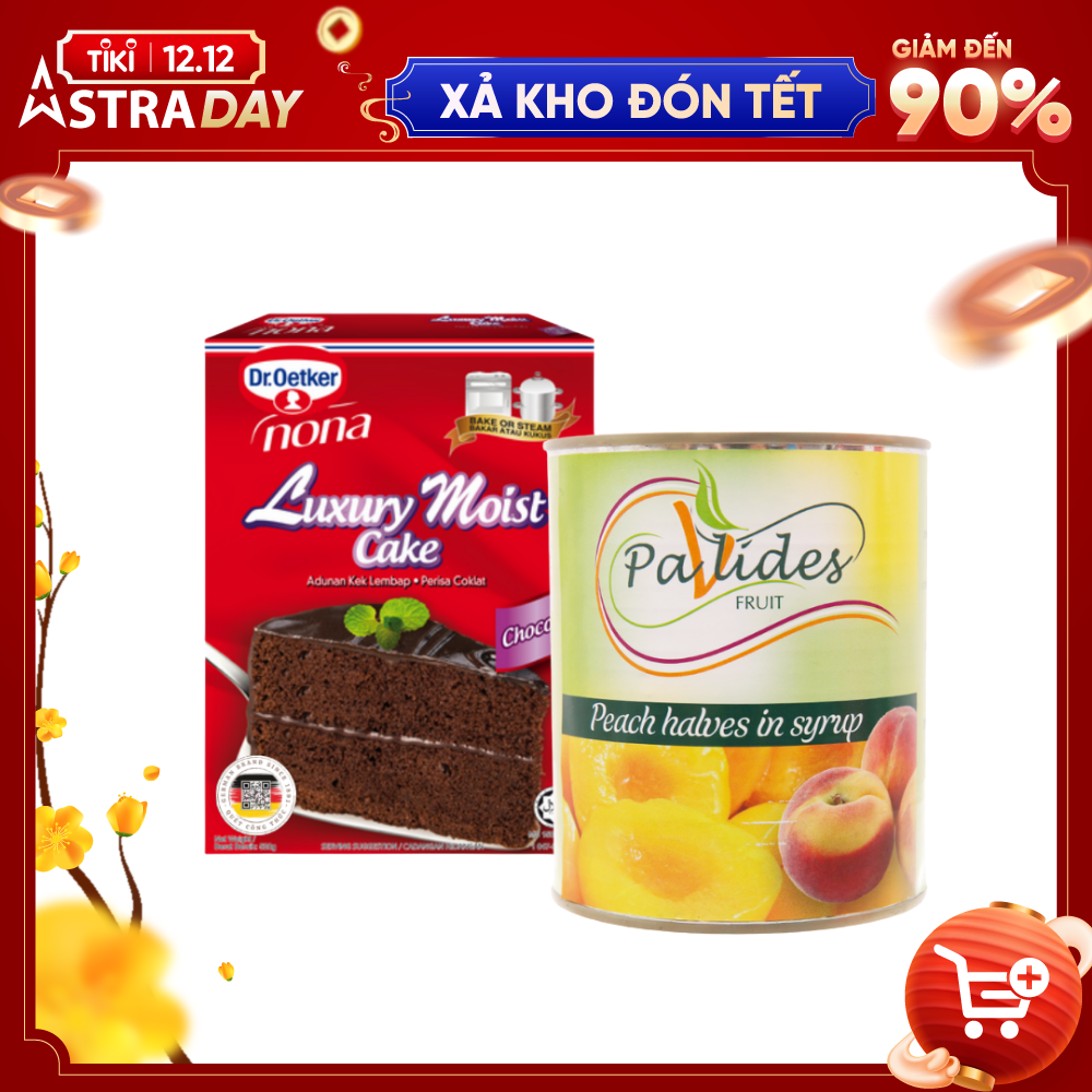 COMBO 1 Hộp Bột Làm Bánh Moist Cake Socola Dr. Oetker 520g + 1 Lon Đào Ngâm Đường Pavlides 820g