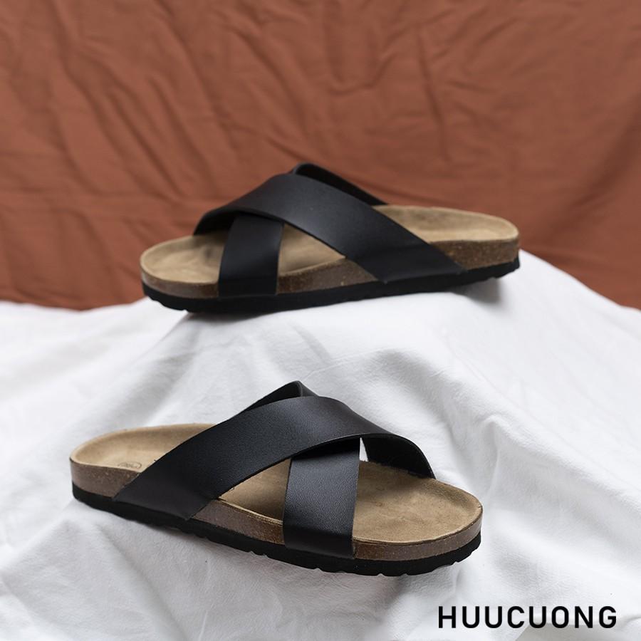 Dép unisex HuuCuong quai chéo đen đế trấu handmade