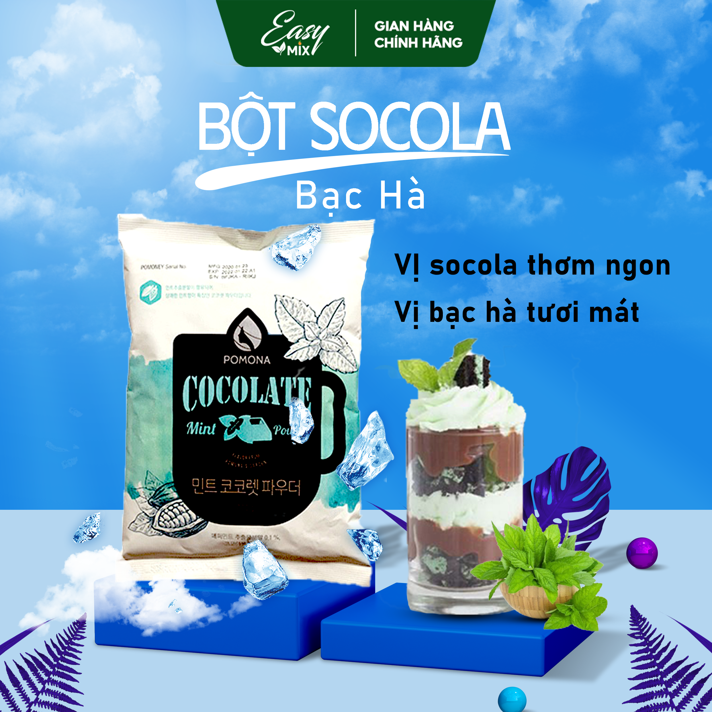 Bột Socola Bạc Hà Pomona Mint Chocolate Powder Nguyên Liệu Pha Chế Cà Phê, Latte, Mocha, Đá Xay, Sữa Lắc Hàn Quốc Gói 800g