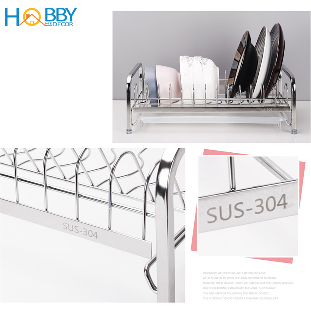 Kệ úp đĩa lớn nhỏ Inox 304 HOBBY Home Decor KUD14 - không rỉ có và khay hứng nước