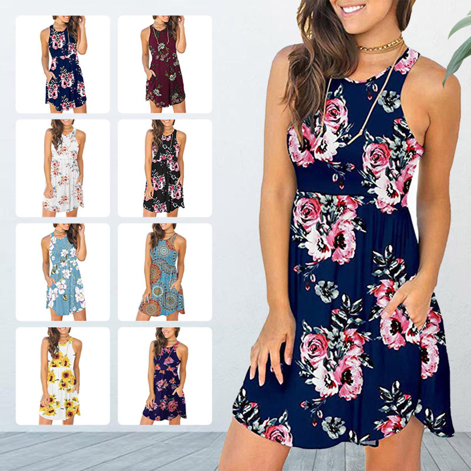 Women Floral Printed Mini Dress with Pockets Sleeveless O-Neck Summer Casual Sundress