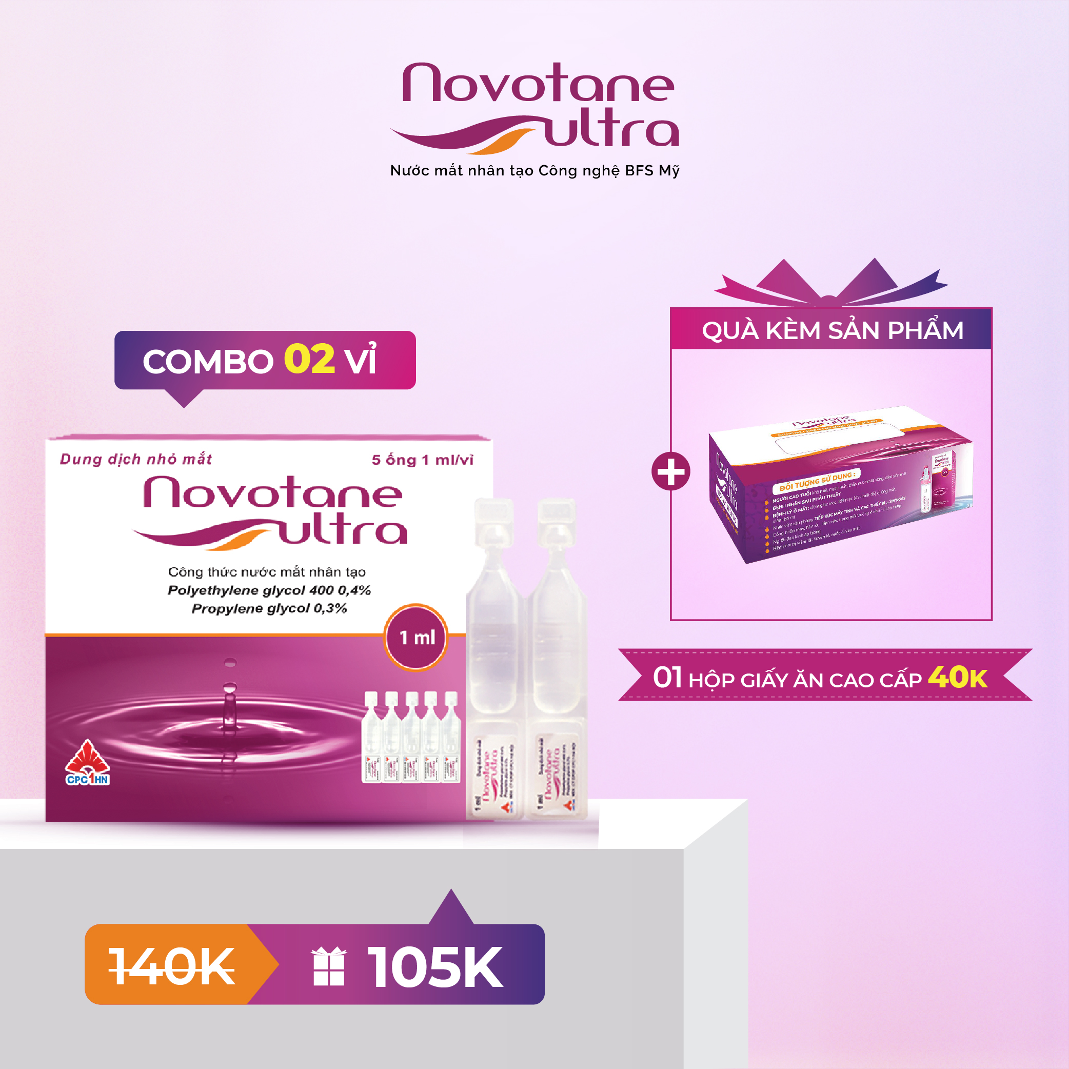 Combo 2 vỉ Nước mắt nhân tạo Novotane Ultra 1ml giúp bảo vệ mắt, dưỡng ẩm, giảm khô, giảm mỏi mắt