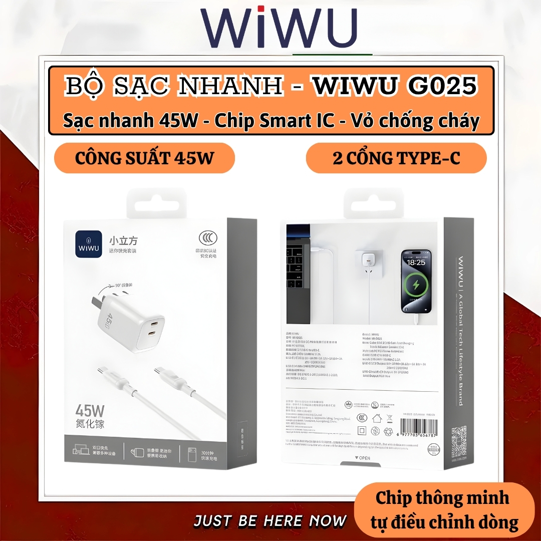 Bộ Adapter Củ Cóc Sạc Nhanh 45W USB-C WiWU TurboCharge + Dây C to Type C 60W  – Combo Củ &amp; Dây sạc Type-C Chip Smart IC An toàn,điều chỉnh dòng điện, Vỏ chống cháy - hàng nhập khẩu