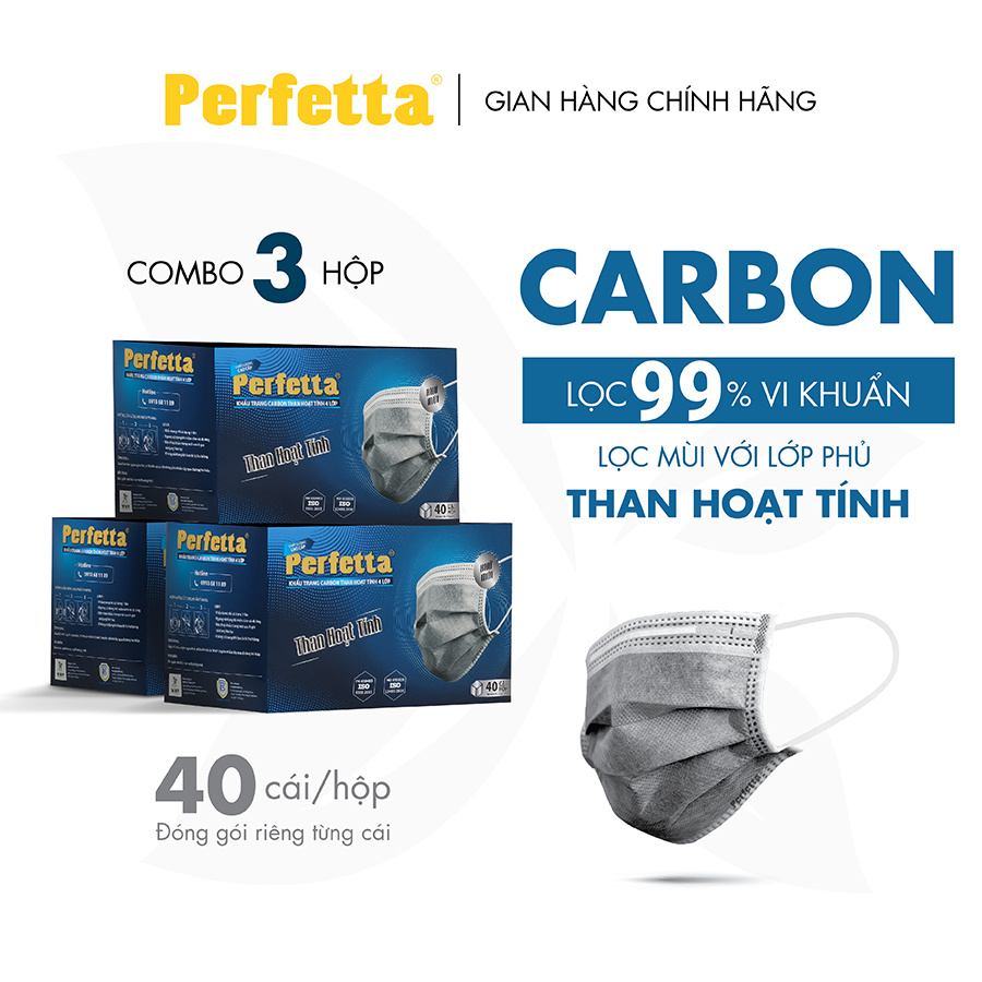 [Combo 3 HỘP - PERFETTA CARBON] - Khẩu Trang Carbon Hoạt Tính Chất Lượng Cao, Khử Mùi, Chống Bụi Mịn, Màu Xám Xanh, 4 Lớp, Bảo Vệ Tối Ưu, Đóng Gói Từng Cái - (40 cái/hộp)