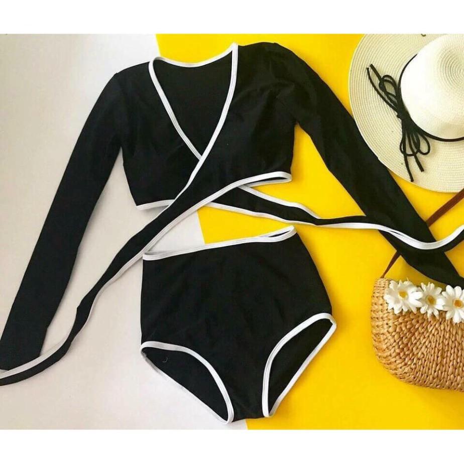 freeship Bikini 2 mảnh đen áo dài tay mặc đi biển