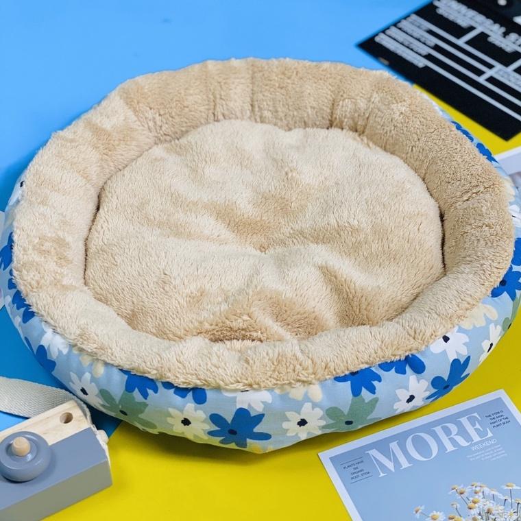 Đệm tròn cho chó mèo 40cm tấm thảm lót lông cừu vải nhiều họa tiết đẹp , có đáy chống trượt siêu dễ thương