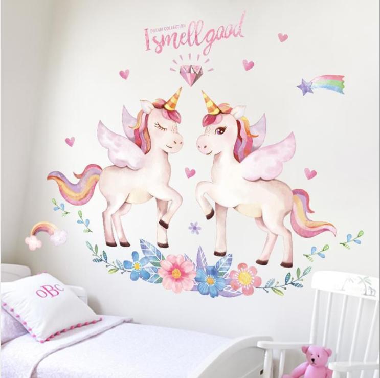 Decal dán tường phòng bé gái dễ thương - decal kỳ lân màu hồng