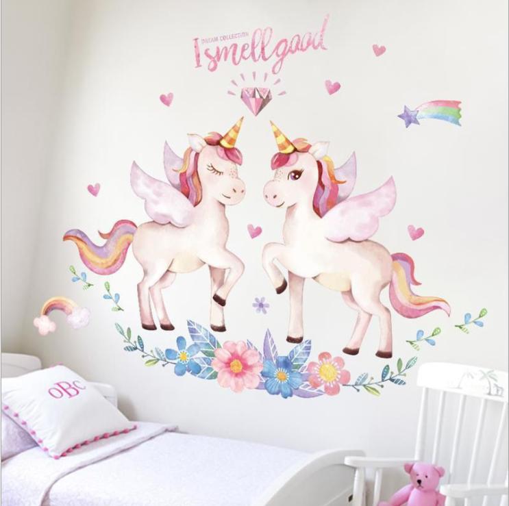 Decal dán tường phòng bé gái dễ thương - decal kỳ lân màu hồng (90 x 120cm)