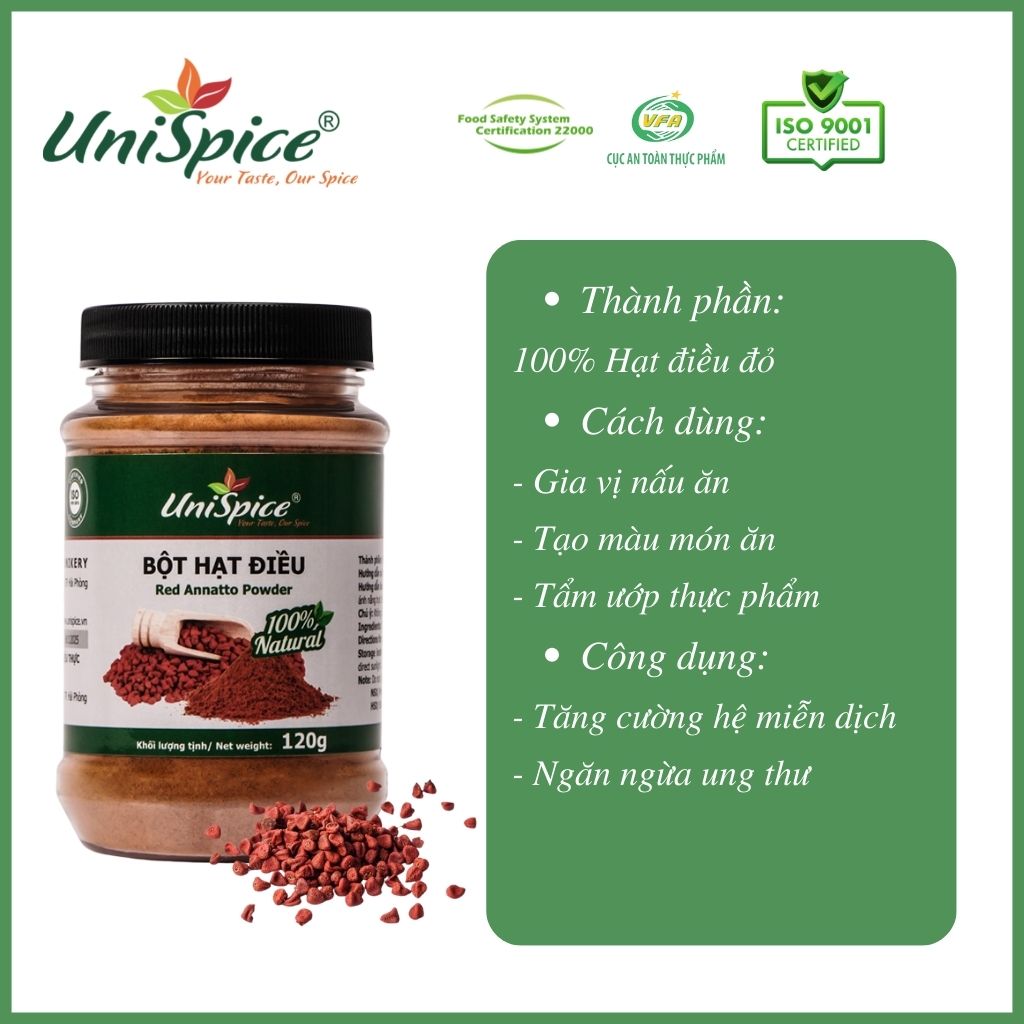 Bột hạt điều Unispice 120gr/lọ - Bột hạt điều đỏ xay mịn nguyên chất - Bột điều