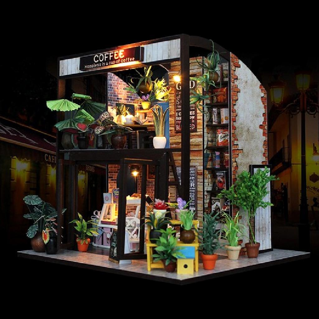 Dollhouse Miniature DIY Kit Toy with Furniture Handcraft Coffee House Gift