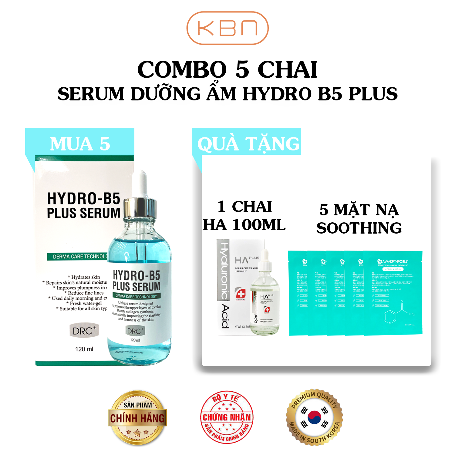 Combo 5 Sản Phẩm Serum Dưỡng Ẩm Hydro B5 Plus -120ml + Tặng Kèm 1 Serum HA Plus - 100ml + Tặng Kèm 5 Mặt Nạ Soothing