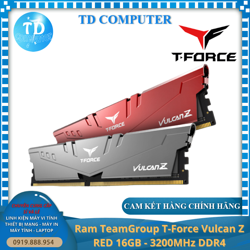 Ram Team T-Force Vulcan Z  [GRAY/ RED] 16GB - 3200MHz DDR4 Tản dày -  Hàng chính hãng Viễn Sơn phân phối