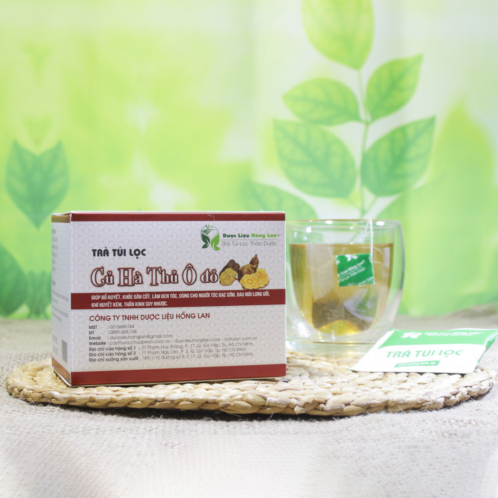 Trà Củ Hà Thủ Ô Đỏ túi lọc hộp 60g Dược Liệu Hồng Lan - Giúp bổ huyết, khỏe gân cốt, làm đen tóc, Dùng cho người tóc bạc sớm, đau mỏi lưng gối, khí huyết kém, thần kinh suy nhược.