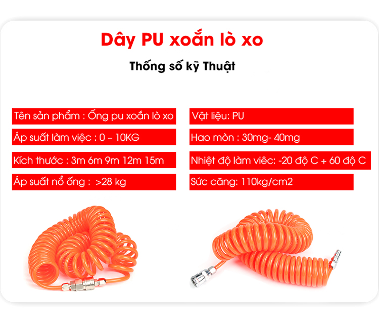 Dây hơi pu xoắn lò xo 3m 6m 9m 12m 15m