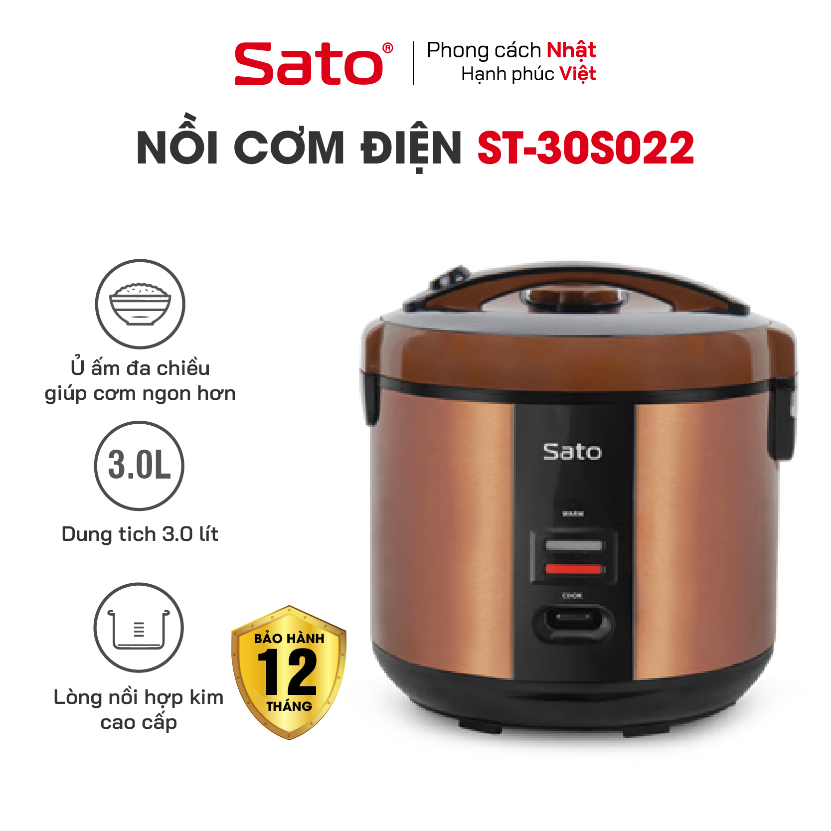 Nồi Cơm Điện SATO 30S022 3.0L - Thiết kế nắp gài chắc chắn, hệ thống chống tràn tốt, nút điều khiển đơn giản, tiện dụng - Miễn phí vận chuyển toàn quốc - Hàng chính hãng