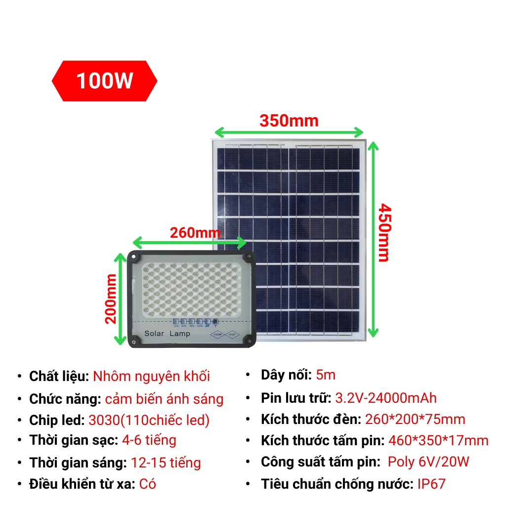 Đèn Năng Lượng Mặt Trời,Đèn Chống Lóa Cao Cấp,50W, 100W,200W, 300W Khung Nhôm BH 2 Năm Có Điều Khiển Từ Xa