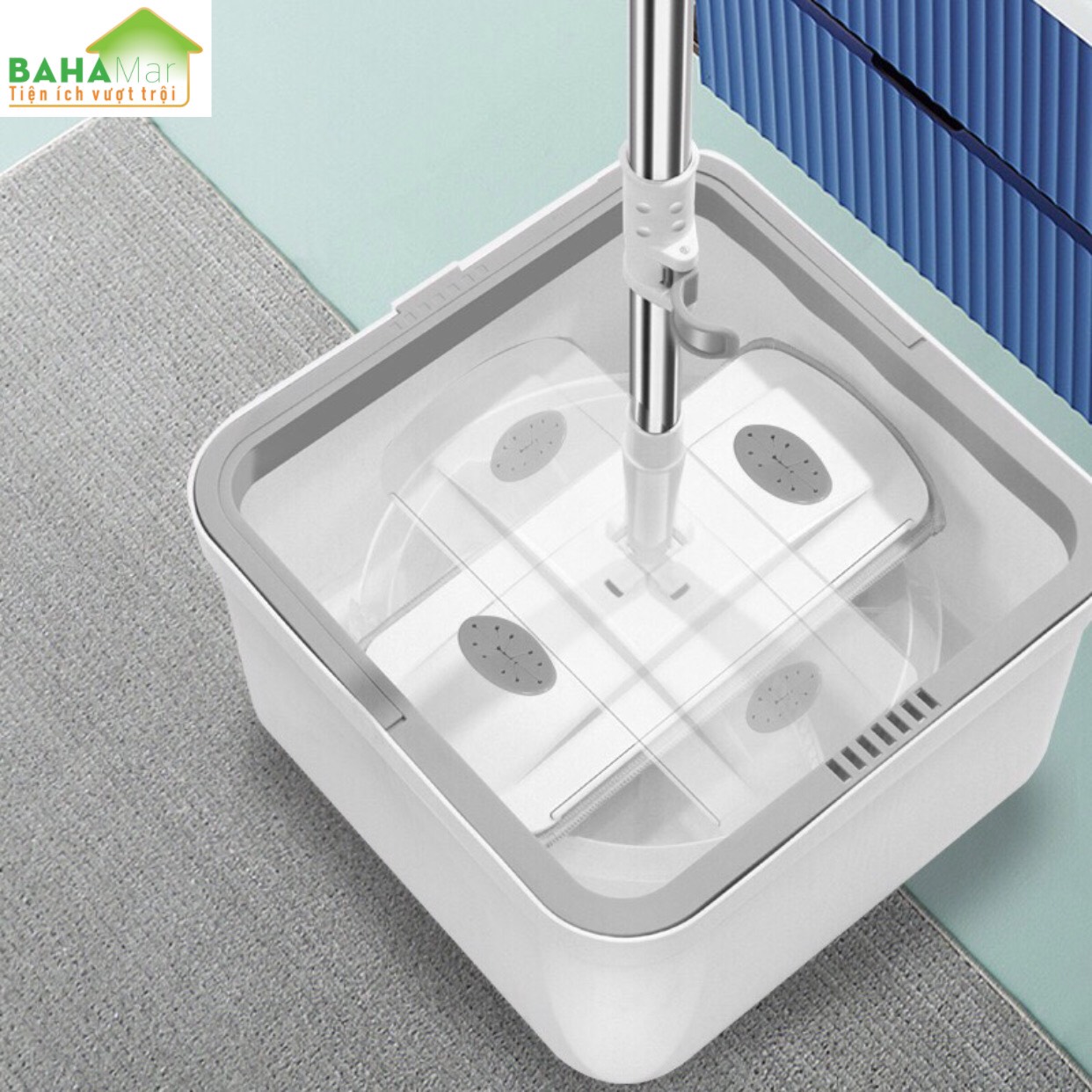 BỘ CÂY LAU NHÀ CHẬU VUÔNG PHẲNG, CÂY LAU HÌNH TRỤ ẤN XOAY TỰ ĐỘNG TÁCH NƯỚC BẨN "BAHAMAR" Nước sạch giặt giẻ lau và xoáy loại bỏ nước bẩn ra chậu ngoài một cách tách biệt luôn