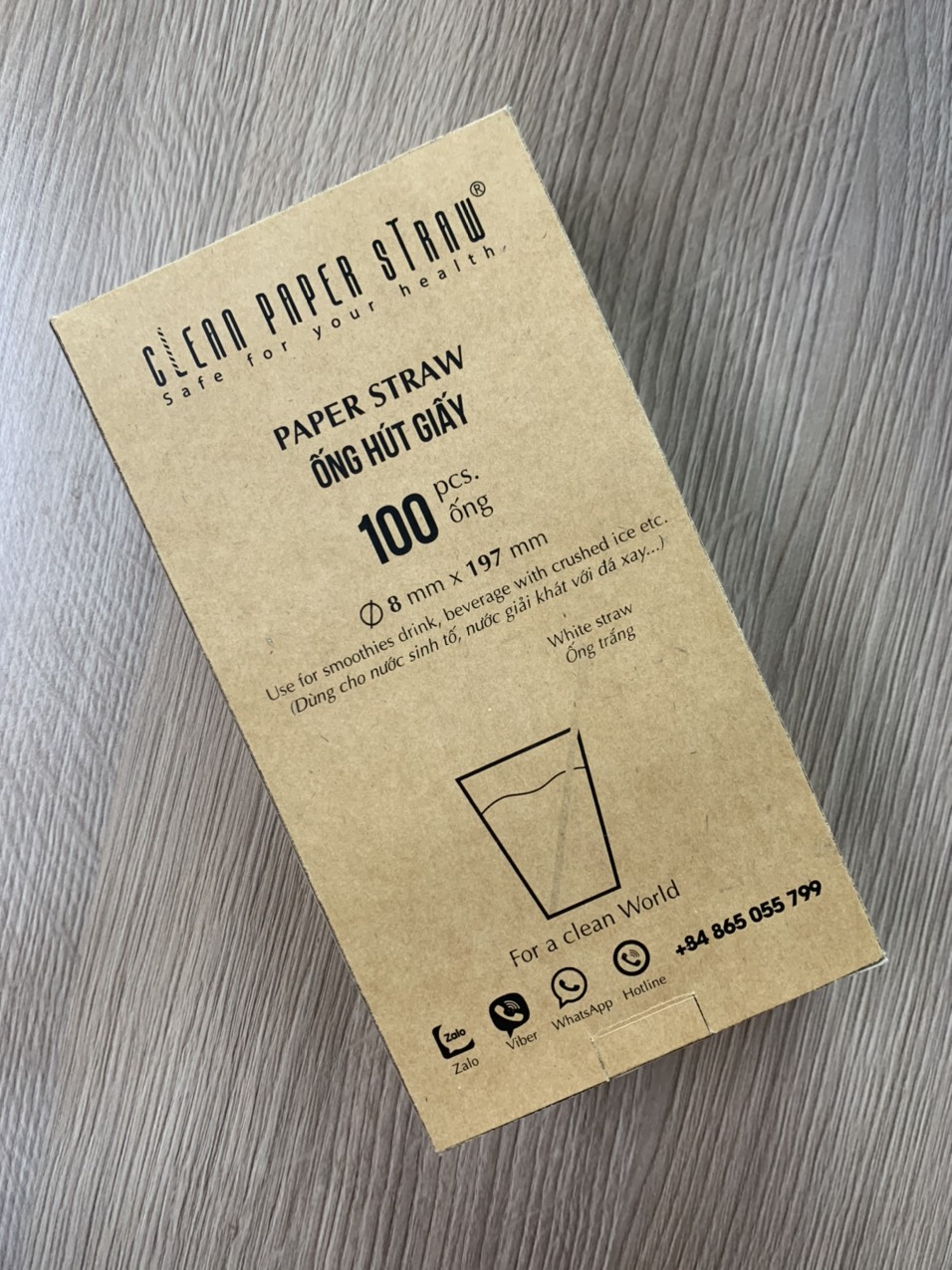 Ống hút giấy cao cấp 8mm x 197mm Clean Paper Straw màu trắng kích thước hộp 100 ống