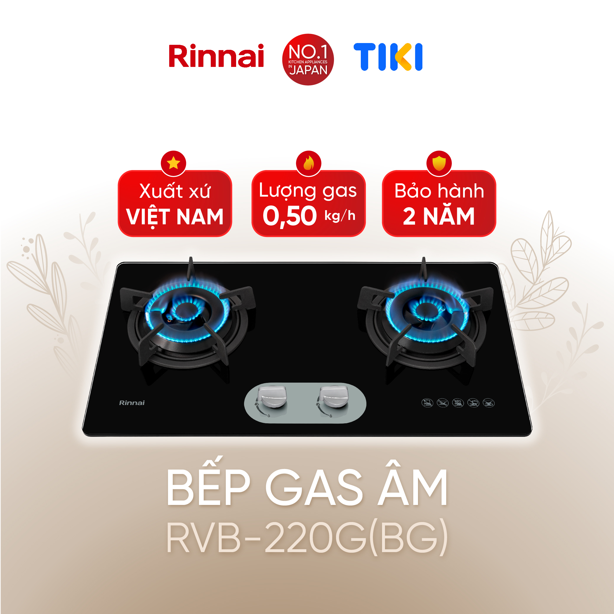 Bếp gas âm Rinnai RVB-220G(BG) mặt bếp kính và kiềng bếp gang - Hàng chính hãng.
