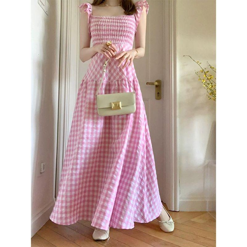 CHENGRUI Cao cấp bông màu hồng kẻ sọc ăn mặc cho phụ nữ Pháp retro nhỏ thiết kế cao cấp giảm tuổi váy dài dễ thương